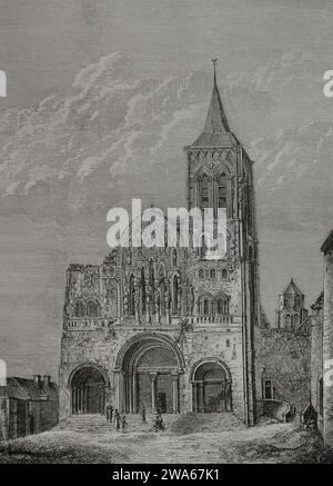 France. Facade of the church of St Mary Magdalene in Vezelay, from which Bernard of Clairvaux preached for the Second Crusade (1147-1149) during Holy Week 1146. State of the church at the time of the preaching. Now Basilica of Vezelay or Basilica of Saint Mary Magdalene de Vezelay. Benedictine monastery. Engraving. 'Vie Militaire et Religieuse au Moyen Age et a l'Epoque de la Renaissance'. Paris, 1877. Stock Photo