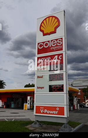 Large sign outside a Shell Coles Express petrol station and convenience store, featuring the companies' logos and current fuel prices in cents Stock Photo