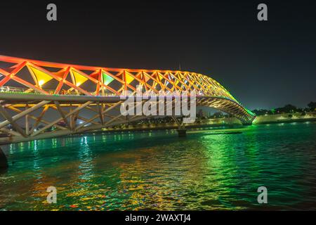 Atal Pedestrian Bridge - Ahmedabad ( Gujarat ) India . It is 300 metres (980 ft) long and 10 metres (33 ft) to 14 metres (46 ft) wide.[1][2] It featur Stock Photo