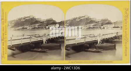 View of Fort Ehrenbreistein and a boat bridge over the Moselle near Koblenz, Germany, William England, 1867 - 1868 stereograph  Koblenz cardboard. paper albumen print pontoon bridge. landscape with tower or castle. river KASTEEL Ehrenbreitstein Stock Photo