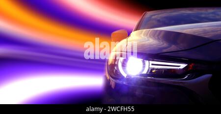 Black modern car and speed light trails, motion blur effect. Banner design Stock Photo