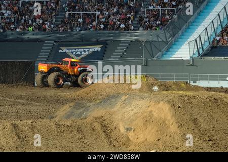 Monster truck race 'El toro loco', Unique Diego Armando Maradona Stadium in La Plata, Province of Buenos Aires, Argentina, Monster Jam 16.12.2023 Stock Photo