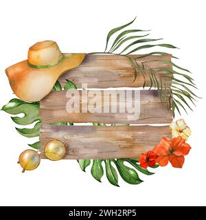 summer composition frame. Beach objects on wooden background: sunglasses hat hibiscus flowers palm branches and leaves. watercolor illustration isolat Stock Photo