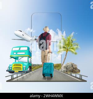 Asian man in a hat with a backpack carrying a suitcase walking on the street with a hill view on the mobile phone screen with a bus and airplane. Trav Stock Photo