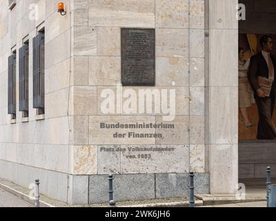 Bundesministerium der Finanzen in Berlin, Germany. Name of the German Ministry of Finance as a sign on the exterior wall next to a historical place. Stock Photo