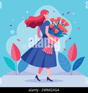 Women's day A girl in a dress holds a huge bouquet of pions Stock Vector