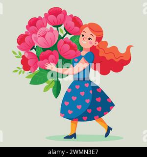 Women's day A girl in a dress holds a huge bouquet of pions Stock Vector