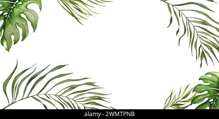 horizontal frame made of palm branches and leaves. handmade watercolor illustration. isolated on a white background. for the design of invitations, po Stock Photo