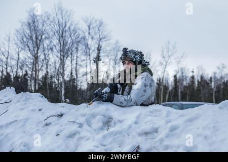 A Canadian Soldier assigned to Alpha (Para) Company, 3rd Battalion, Princess Patricia’s Canadian Light Infantry, observes the enemy during Joint Pacific Multinational Readiness Center 24-02 at Donnelly Training Area, Alaska, Feb. 19, 2024. JPMRC 24-02, executed in Alaska with its world-class training facilities and its harsh Arctic environment, builds Soldiers and leaders into a cohesive team of skilled, tough, alert, and adaptive warriors capable of fighting and winning anywhere in the world. (U.S. Army photo by Pfc. Sar Paw) Stock Photo