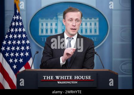 Washington, United States. 12th Mar, 2024. Jake Sullivan, US national security adviser, speaks during a news conference in the James S. Brady Press Briefing Room at the White House in Washington, DC, US, on Tuesday, March 12, 2024. The White House announced a package of $300 million in military assistance to Ukraine, the Biden administration's latest effort to secure aid for Kyiv as Congress remains deadlocked. Photo by Tom Brenner/Pool/ABACAPRESS.COM Credit: Abaca Press/Alamy Live News Stock Photo