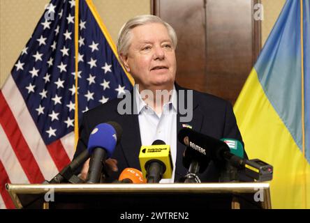 KYIV, UKRAINE - MARCH 18, 2024 - Republican, senior US Senator from South Carolina Lindsey Graham speaks during a press briefing, Kyiv, capital of Ukraine. Stock Photo