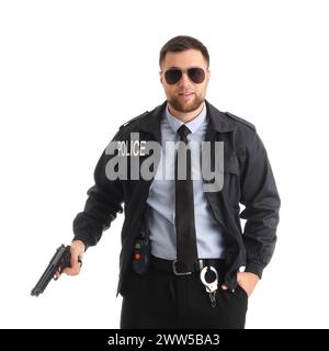 Male police officer wearing sunglasses with gun on white background Stock Photo