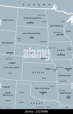 Great Plains Region of the United States, gray political map. Sometimes simply the Plains, are a broad expanse of flatland in North America. Stock Photo