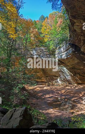 Autumn Forest Colors Over a Seclude Limestone Canyon at Ash Canyon in Hocking Hills State Park in Ohio Stock Photo