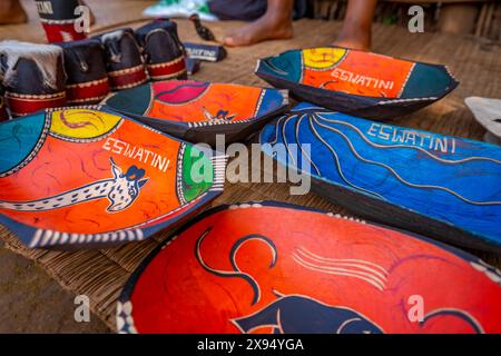 View of hand crafted souvenirs in Mantenga Cultural Village a traditional Eswatini settlement, Malkerns, Eswatini, Africa Stock Photo