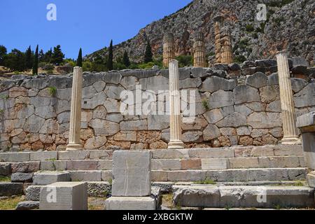 The portico (stoa) of the Athenians monument, in the ancient Oracle of Delphi, Greece Stock Photo