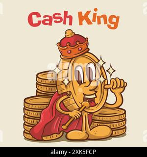 cash king. rich guy shine coin mascot concept.vintage style money mascot cartoon character vector illustration Stock Vector