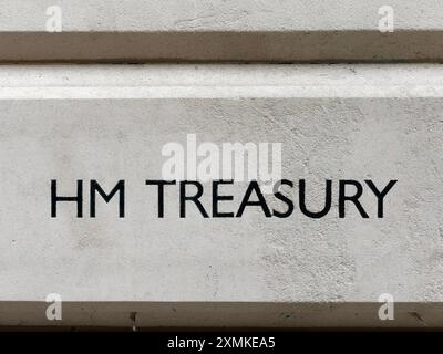 Close-up view of the HM Treasury name-plate at the main entrance to the Treasury building in Whitehall Westminster London Stock Photo