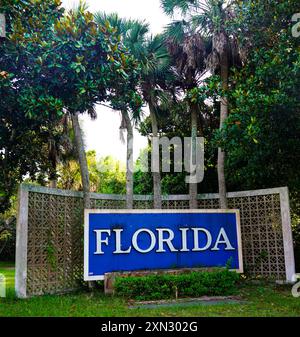 A striking blue 'Florida' sign nestled among tall palm trees and vibrant greenery, welcoming visitors to the Sunshine State Stock Photo