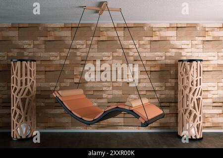 Relax Room Swing Float Chair Hammock Hanged on a Ropes in Front of Brick Wall background. 3d Rendering Stock Photo