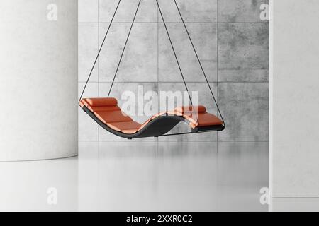 Relax Room Swing Float Chair Hammock Hanged on a Ropes in Big White Hall extreme closeup. 3d Rendering Stock Photo