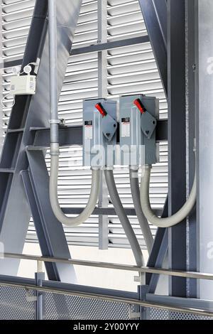 electrical safety switch box, main breakers, the power cut or electrical switching control on operated. Stock Photo