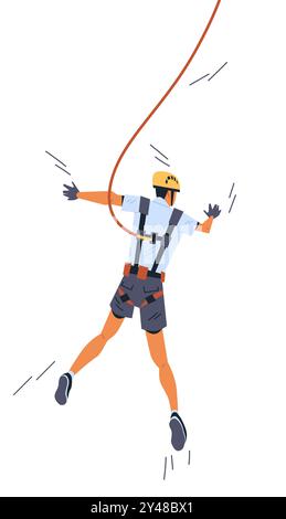 Person bungee jumping wearing safety harness helmet and gloves. Adventure extreme sports outdoor activity Stock Vector