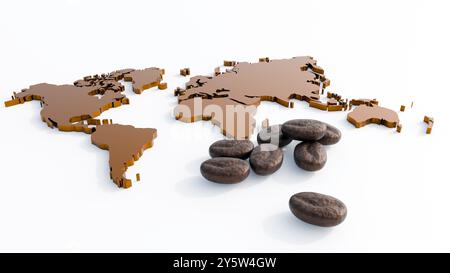 3d rendering of a world map made of gold, surrounded by scattered coffee beans on a black background. Stock Photo