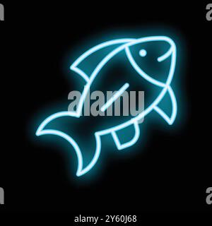 Bright blue neon sign showing a fish swimming on a black background Stock Vector