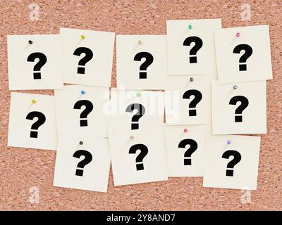 A bunch of yellow sticky notes, each featuring a bold black question mark in the center, pinned to a corkboard using multicolored push pins Stock Photo