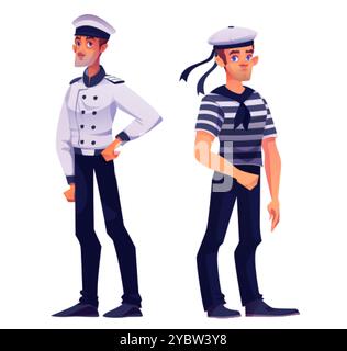 Ship captain and sailor man in white and blue stripped uniform and hat. Cartoon vector illustration set of young male cruise team characters. Nautical Stock Vector