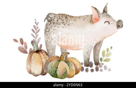 Cartoon cute pig with pumpkins isolated on white background. Watercolor Illustration for baby greeting cards or birthday holiday invitations. Hand-dra Stock Photo