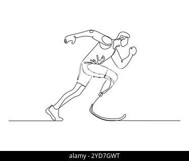 Continuous single line drawing of a determined athlete with prosthetic legs, running with passion and speed. Symbolizes resilience Stock Vector