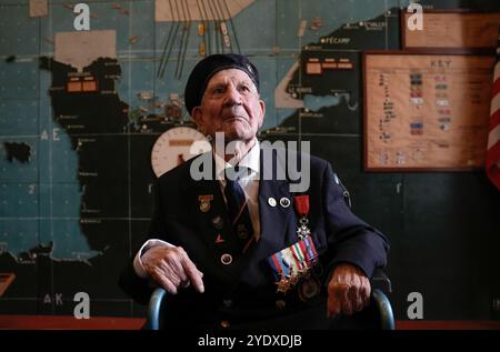 File photo dated 03/06/24 of Normandy veteran George Chandler, 99, posing for a photograph in the Map room at Southwick House, the nerve centre of D-Day operations. D-Day veteran George Chandler, who had been invited to lead the Blind Veterans UK contingent at the Cenotaph in London on Remembrance Sunday, has died at the age of 99, the charity has said. Issue date: Monday October 28, 2024. Stock Photo