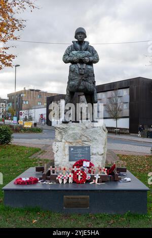 Poppy wreaths laid at The Airborne Soldier statue in Princes Gardens, Aldershot, on Remembrance Sunday, November 2024, Hampshire, England, UK Stock Photo