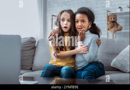 Two scared girls watching horror on laptop at home Stock Photo