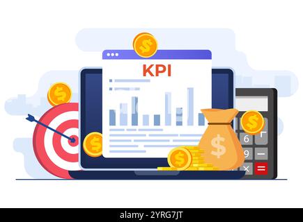 KPI, Key performance indicators business technical concept flat vector illustration, Performance evaluation and dynamics on dashboard, Strategy, Data Stock Vector