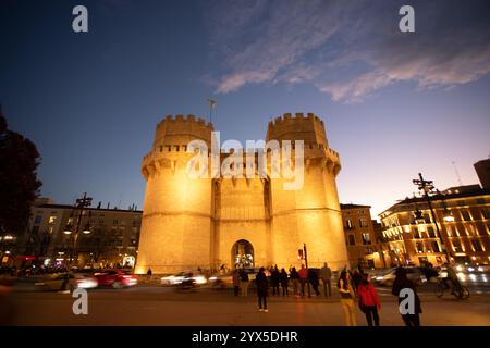 Valencia Spain, Dec. 13 th, A Star of Bethlehem in front of the Torres de Serranos in Valencia, marking the inauguration of the city's Christmas decor Stock Photo