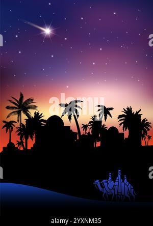 Christmas stylized theme - three Wise Men are going to visit born child, and the star of Bethlehem Stock Vector