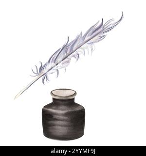 Watercolor inkwell and quill for writing, lettering. Glass inkwell with white quill pen. Hand-drawn watercolor illustrations. For postcards, scrapbook Stock Photo