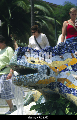 Barcelona, Spain: Feb 04: Water pours from the mouth of mosaic lizard water feature on 01 Jan 2004 at Park Guell, Barcelona Stock Photo