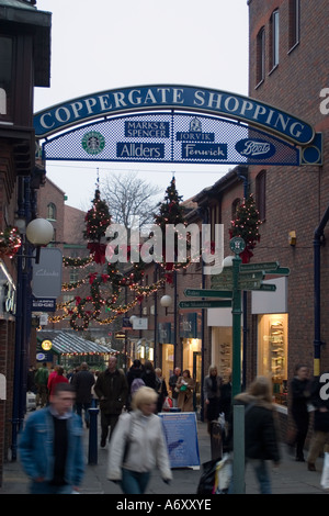 Entrance to Coppergate Centre shopping precinct in York North Yorkshire with people Christmas shopping Stock Photo