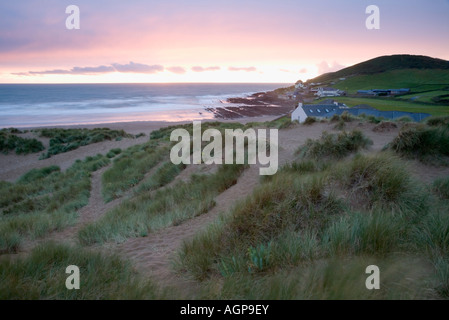 Croyde Bay and Middleborough Hill from the Sand Dunes on Croyde Beach Devon England Stock Photo