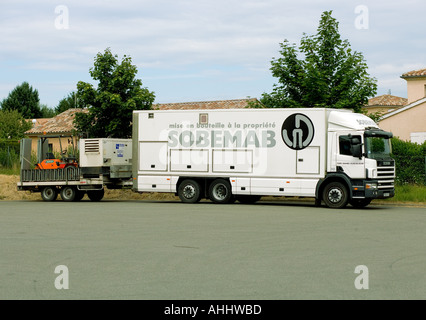 Wine bottling truck Beaujolais wine country France Stock Photo