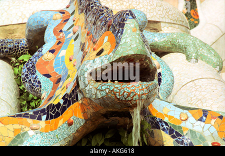 Gaudí's multicolored mosaic dragon fountain, Park Guell, Barcelona Spain Stock Photo