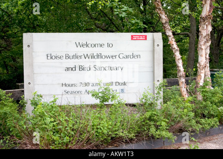 Welcome sign leading into the Eloise Butler Wildflower Garden and Bird Sanctuary. Minneapolis Minnesota MN USA Stock Photo