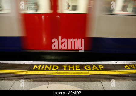 Mind The Gap written on the Bakerloo Line platform at Waterloo Tube Station, London Stock Photo