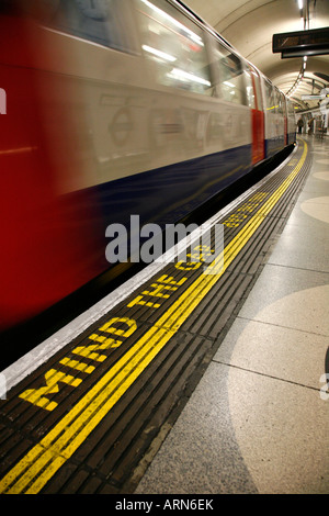 Mind The Gap written on the Bakerloo Line platform at Waterloo Tube Station, London Stock Photo