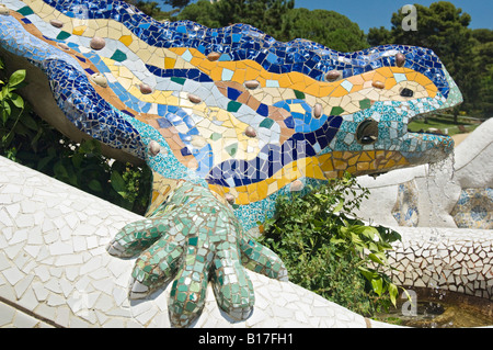 The Guadi Dragon Fountain in Park Güell or Gaudí's Park. Barcelona, Spain. Stock Photo