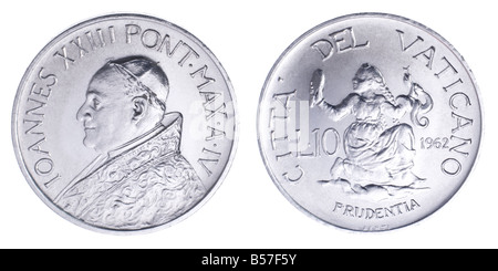 10 lira coin from the Vatican State, 1962. Portrait of Pope John XXIII (Angelo Giuseppe Roncalli; 1881-1963) Stock Photo